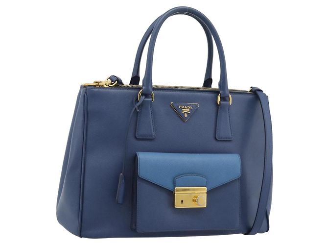 Sac à main PRADA en cuir Saffiano 2way Bleu Or Auth 186202M Doré
