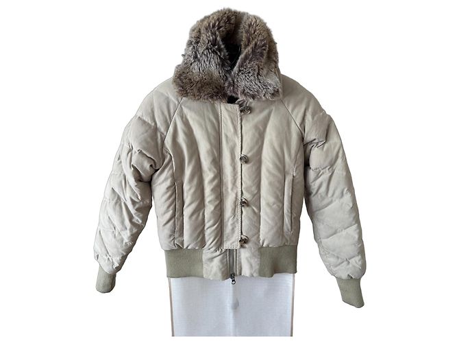 Autre Marque Invicta Beige Down Puffer Jacket with Fur Collar