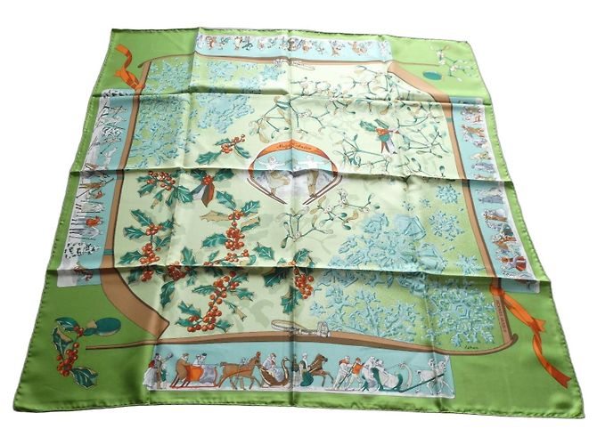 Hermès Lenço de seda Neige d'Antan Marrom Branco Verde Laranja