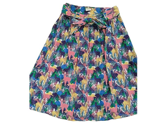 Autre Marque Marie Sixtine Midirock mit buntem Lama-Print Braun Pink Weiß Blau Mehrfarben Grün Lila Gelb
