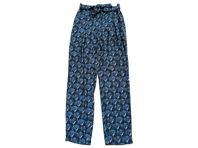 Autre Marque Marie Sixtine weite Hose mit Kranich-Print Schwarz Weiß Blau