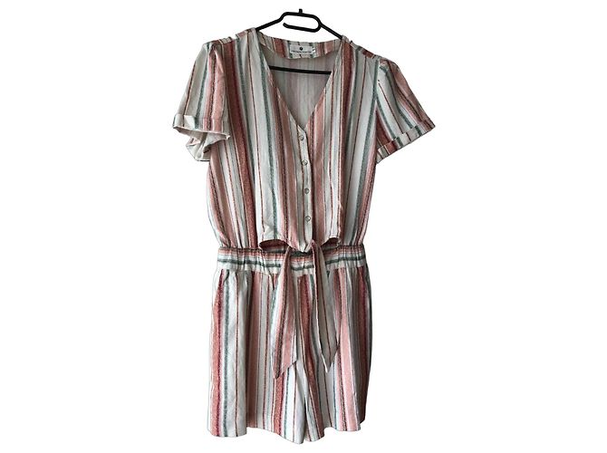 Freeman Porter Striped Linen Blend Romper Pink White Green