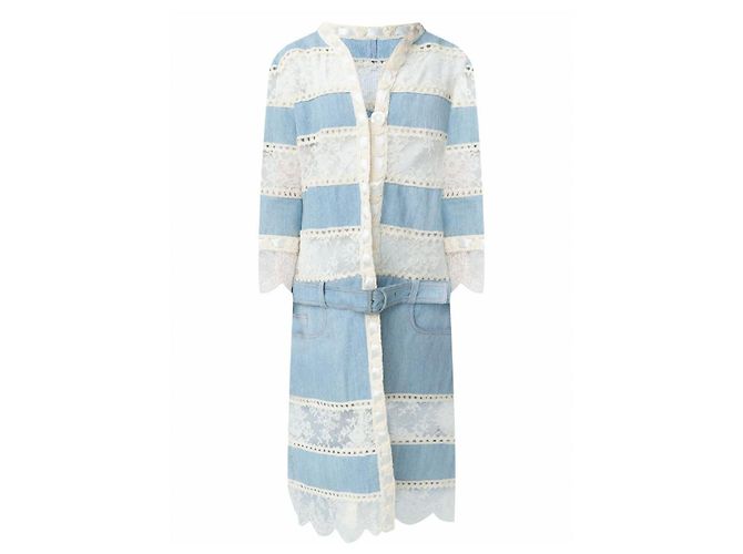 Christian Dior Boutique Giacca lunga patchwork denim e pizzo Bianco Blu