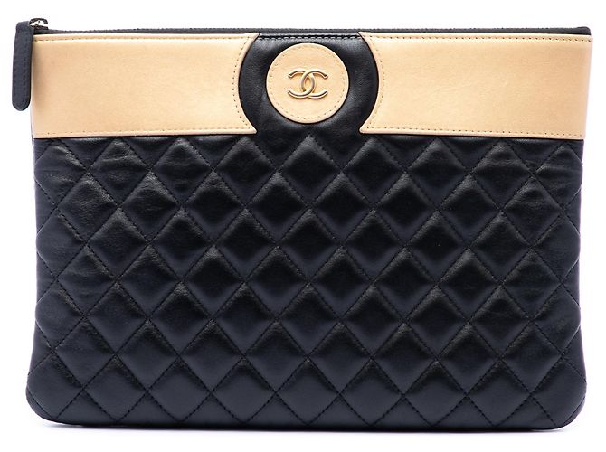 Chanel Black CC Bicolor gesteppte Lammhaut Clutch Schwarz
