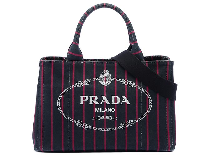 Prada Black Small Canvas Canapa Logo Stripes Satchel Schwarz
