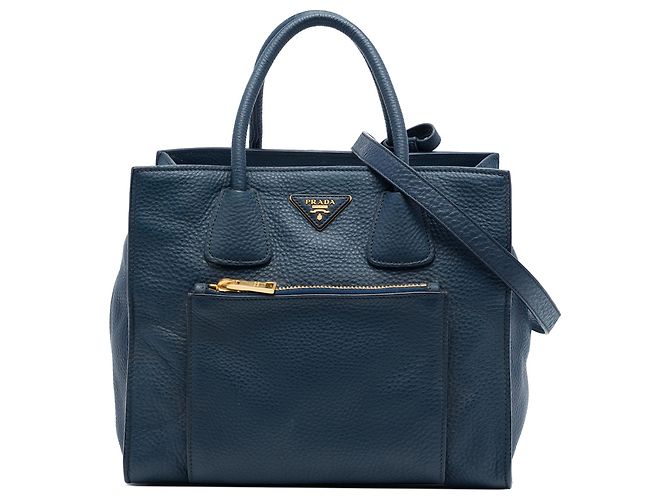Prada Blue Vitello Daino Front Pocket Open Convertible Tote
