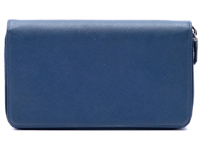 Prada Blue Saffiano Double Zip Long Wallet
