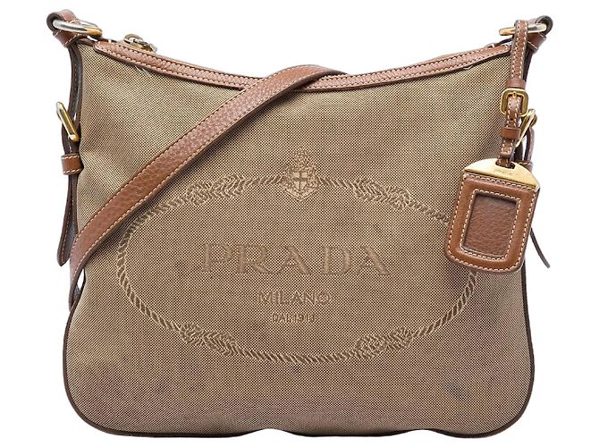 Borsa a tracolla Prada in tela beige Canapa con logo