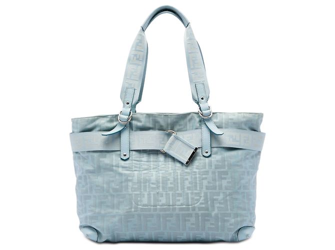 Fendi Blue Zucca Nylon Zip Code Tote Blau Hellblau 