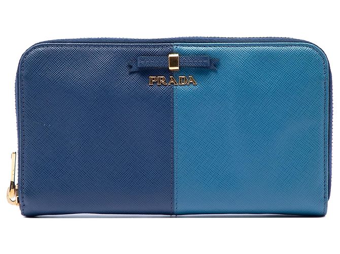 Prada Blue Bicolor Saffiano Bow Zip Long Wallet