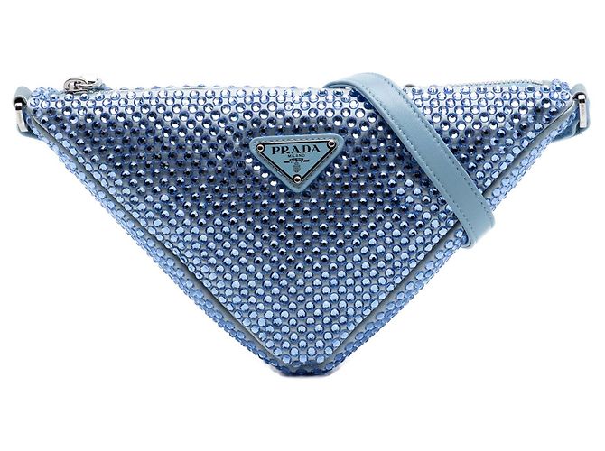 Prada Blue Satin Crystal Embellished Triangle Shoulder Bag Light blue