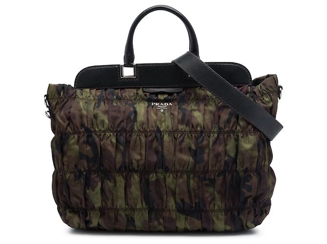 Bolsa Prada Brown Tessuto Gaufre Camouflage Frame Satchel Marrom Caqui