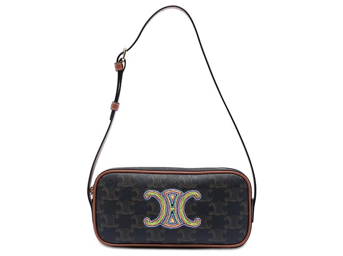Céline Bolsa Camera Mini Triomphe em couro e canvas revestido marrom Celine Castanho escuro
