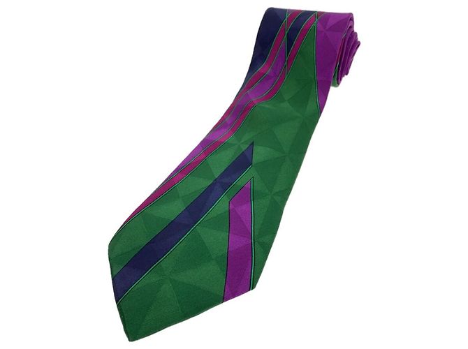 Gianni Versace Cravatta in seta geometrica Verde Porpora Blu scuro