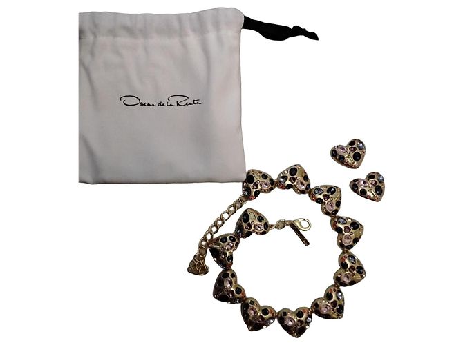 Oscar de la Renta Set Collana Choker e Orecchini a Cuore Rosa Blu D'oro Bordò Gold hardware