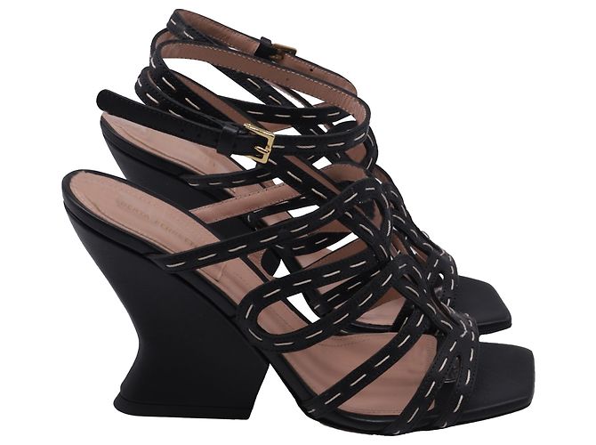 Alberta Ferretti Caged Strap Sandal Heels in Black Leather