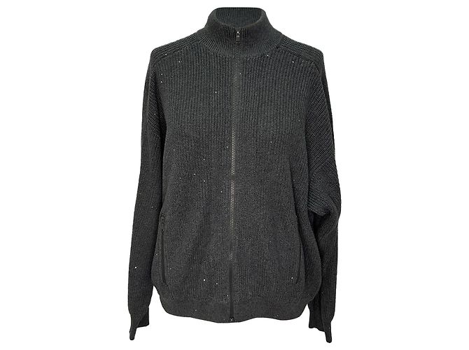 Brunello Cucinelli Strickjacke mit durchgehendem Reißverschluss aus grauer Baumwolle mit Rippenstruktur