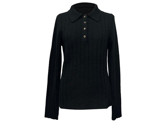 Khaite Hans gerippter Polo-Strickpullover aus schwarzem Kaschmir