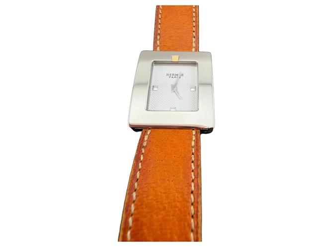 Hermès H Hour Armbanduhr Edelstahl mit braunem Lederarmband Silber Hardware 