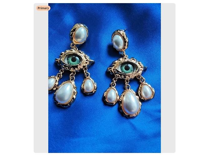 Autre Marque Brincos de lustre Joan Rivers Evil Eye com pérolas Branco Dourado