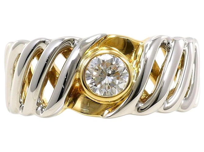 Autre Marque Platinum and Yellow Gold Band Ring with Diamond Golden