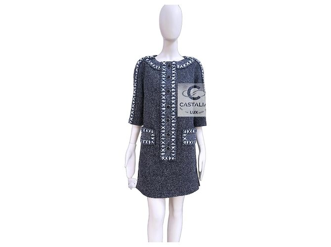 Chanel Navyblaues Tweedkleid aus Seide Grau