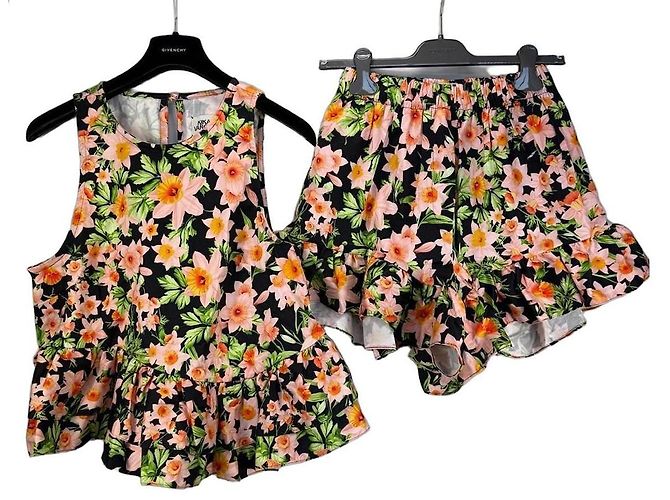 Autre Marque Kika Vargas Set Top a Volant e Shorts Stampa Floreale Nero Rosa Verde Arancione