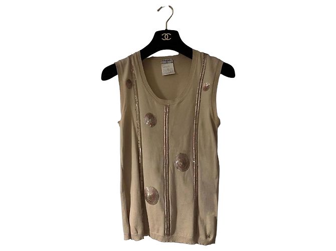 Débardeur Chanel Maille Beige Sequins Logo CC