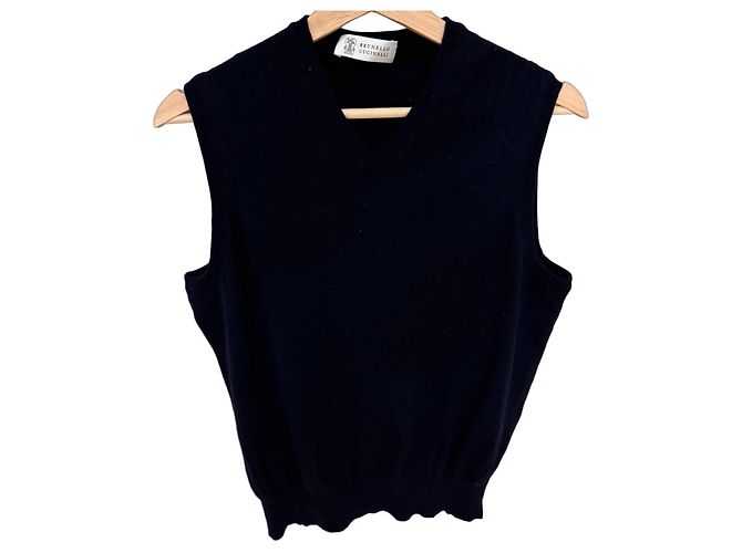 Ärmellose Strickweste mit V-Ausschnitt in Navy Blau Brunello Cucinelli Dunkelblau