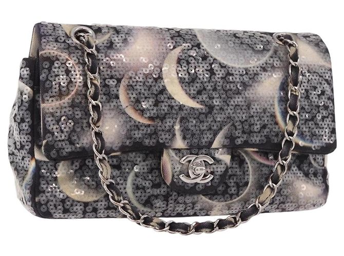 Bolso CHANEL Double Flap Chain Space Pattern en lona negro plata CC Auth 187039SAM
