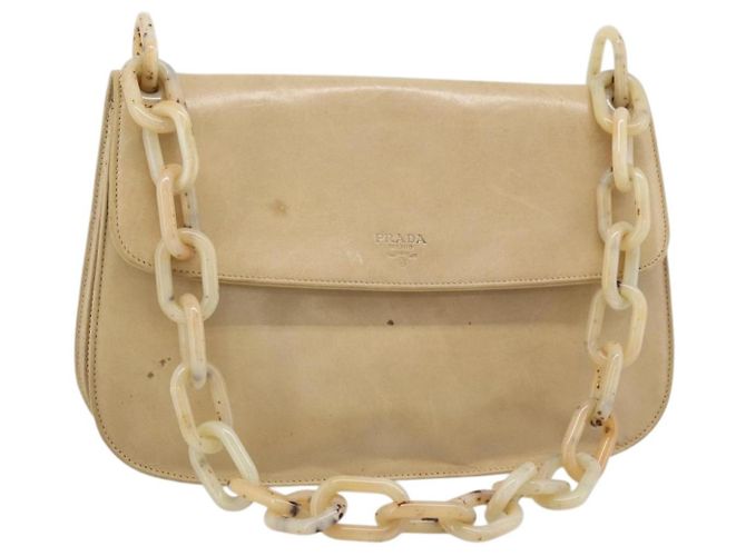 PRADA Chain Shoulder Bag Leder Beige Silber Auth 187798A