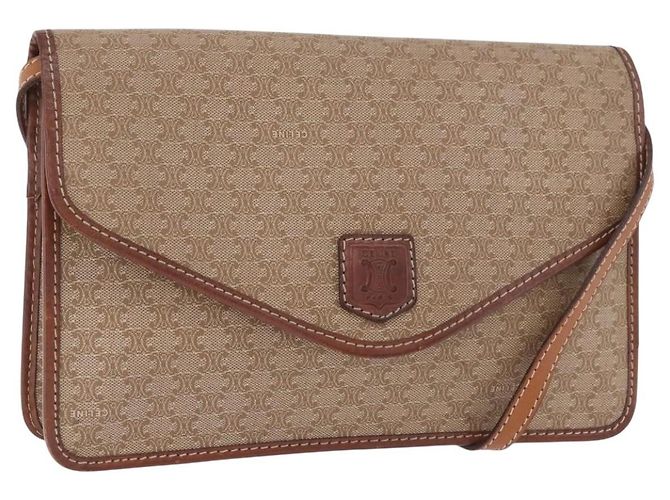 Céline Bolsa de Ombro CELINE Macadam Canvas PVC Couro Bege Ouro Auth 187364 Dourado