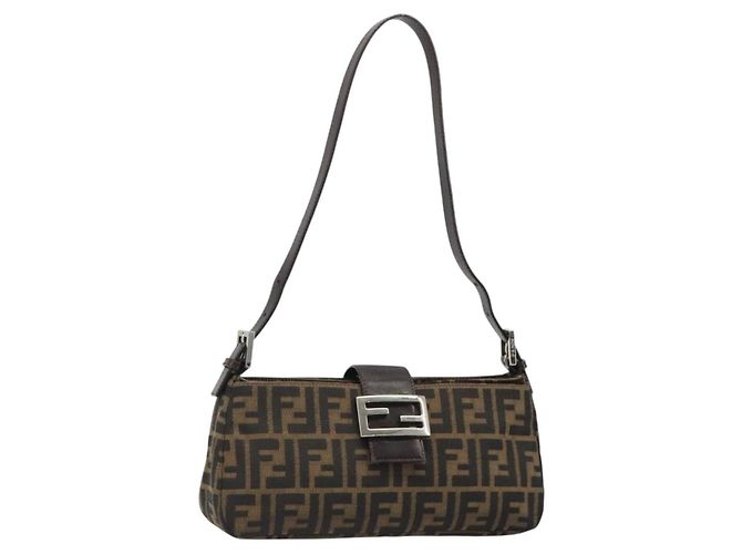 FENDI Zucca Canvas Mamma Baguette Shoulder Bag Black Brown Auth 186900SAM Marron Noir