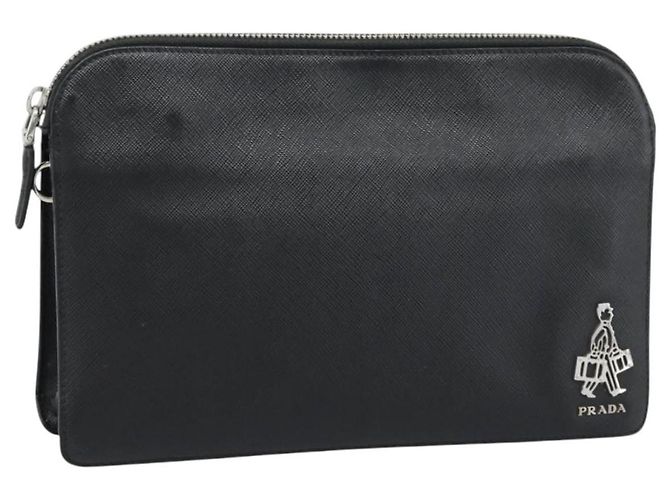 PRADA Clutch Bag Leder Schwarz Silber Auth ka4774
