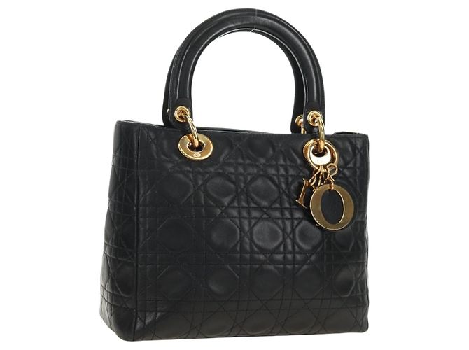 Borsa Christian Dior Canage Lady Dior in pelle di agnello nera e oro Auth 185302M Nero D'oro