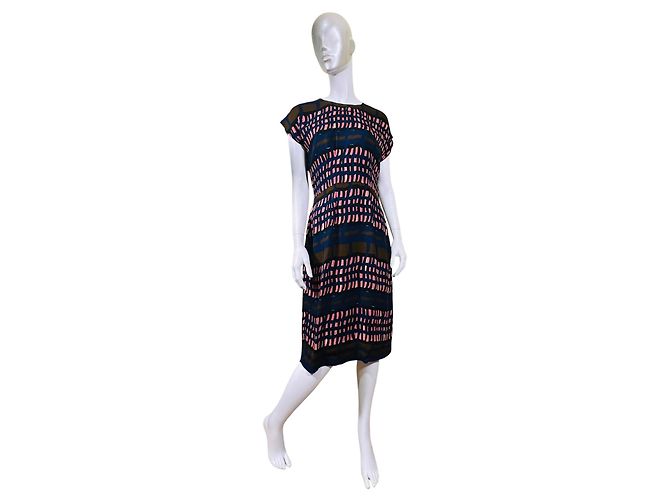 Marni Vestido midi estampado abstracto de seda Castaño Negro Rosa Azul