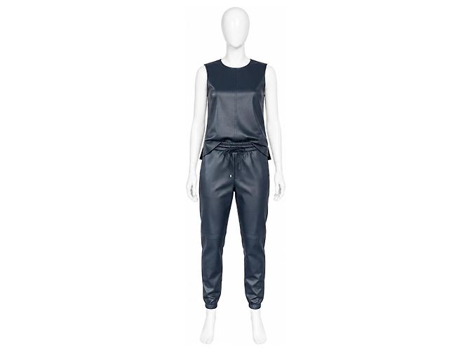Conjunto Max Mara Leisure Top e Calças Simil Pele Azul Marinho