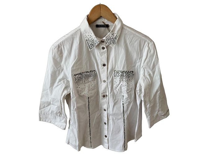 Camicia in cotone bianco con strass Roccobarocco