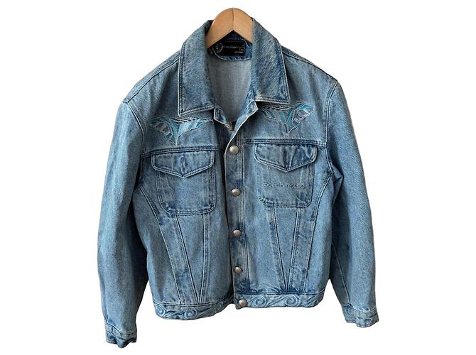 Chaqueta vaquera Roccobarocco con alas bordadas Blanco Azul