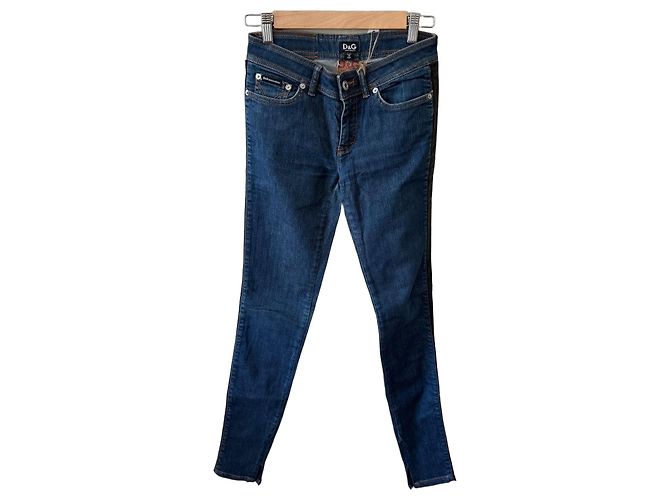 D&G Women's Blue Denim Jeans with Black Leather Side Stripe
