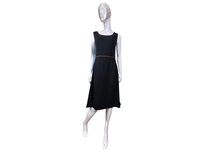 Abito Midi Prada Nero con Pannelli Blu e Cuciture Arancioni Blu chiaro