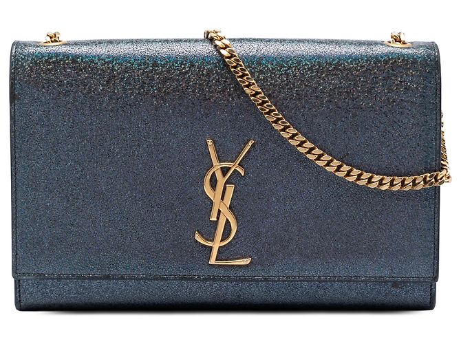 Saint Laurent Bolsa Transversal Kate Monogram em Couro Azul com Glitter Tamanho Médio