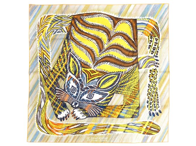 Silk In Hermès Hermes Carre 90 Double Face LE CHAT CARRE Pañuelo de seda Multicolor Amarillo
