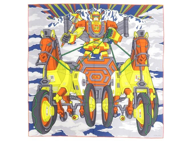 Hermès Lenço de seda Hermes Carre H100 Mega Chariot Azul Multicor Laranja