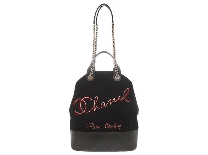 Bolsa de ombro 2-Way de lã e couro bordada Chanel Preto