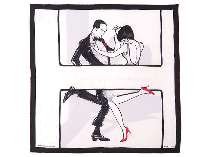 Lenço de seda Hermès Carre 70 Swinging Saint Germain Preto Branco Vermelho