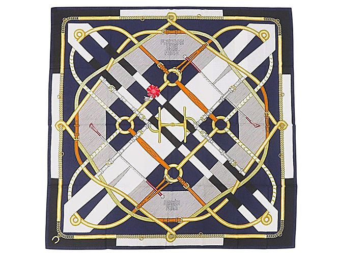 Silk In Hermès Lenço de seda e cashmere Hermes Carre 140 Parcours Sans Faute Branco Azul Dourado
