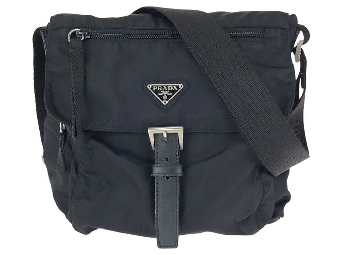 Prada Nylon Leather Tessuto Logo Shoulder Bag Black