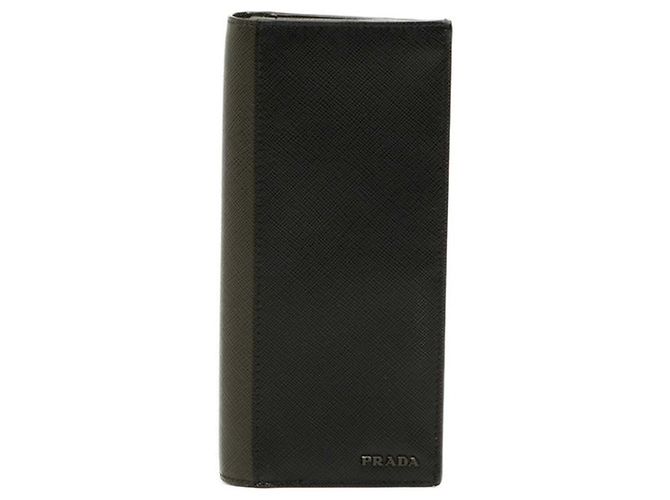 Saffiano Prada Logo Long Wallet Black Green