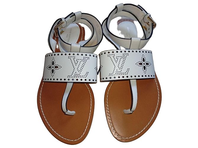 Louis Vuitton Monogram Perforated White Leather Flat Sandals Brown